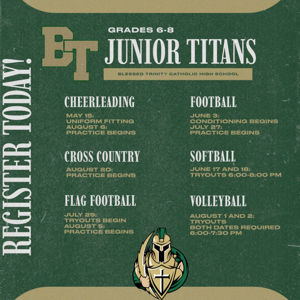 Calling all rising 6th-8th graders! There are several Fall Junior Titan opportunities available and we would love to have you join our programs. Please find all information at btcatholic.org/athletics/juni…. #GoTitans