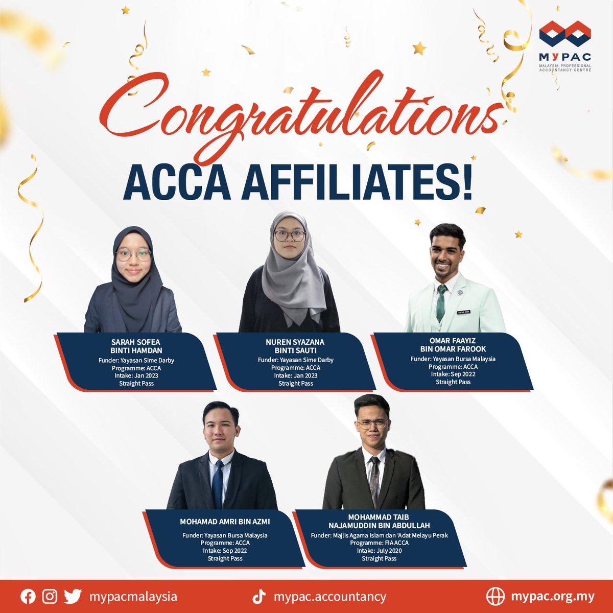 mypacmalaysia's tweet photo. Congratulations to all our Affiliates of full time scholars! Your hard work and dedication have brought you this far in achieving your goals.

MyPAC would like to wish everyone the best in their future endeavors.

#MyPAC #Accounting #Scholarship #ACCA #Sponsorship https://t.co/1OuwjfySlg