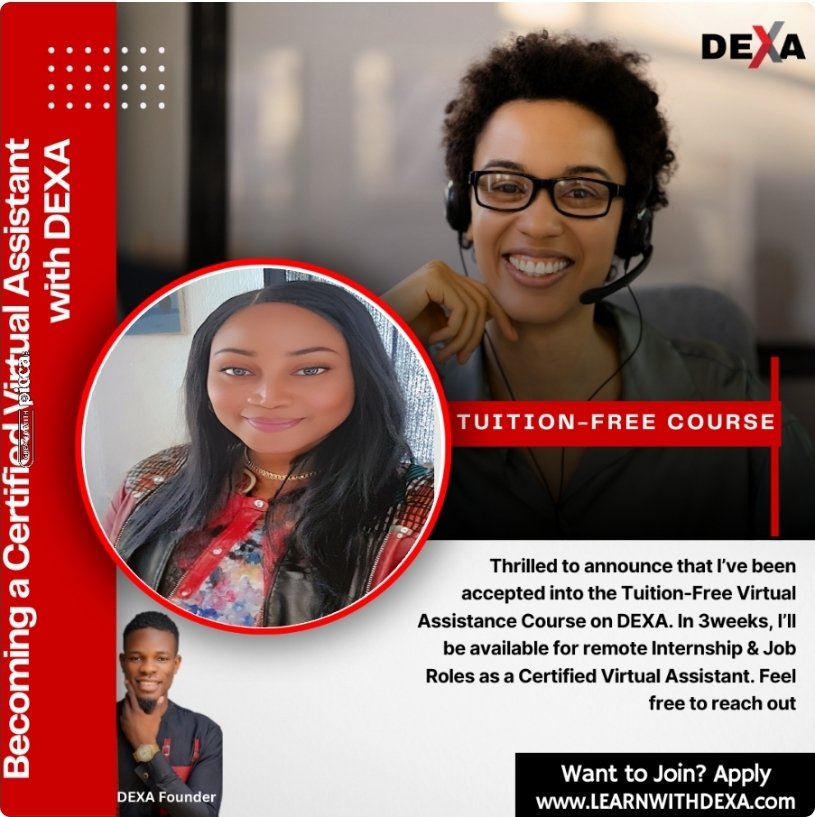 ariesjass's tweet photo. Thrilled to announce my acceptance into the Tuition-Free Virtual Assistance Course on DEXA. In 3weeks, I’ll be available for remote Internship &amp; Job Roles as a Certified Virtual Assistant. Feel free to reach out.
Like to join the next cohort? go to: https://t.co/lBZISK7LKx https://t.co/bnIOPOI3tX