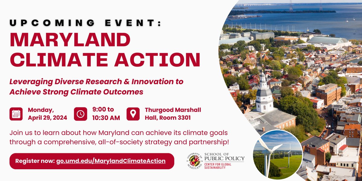 Want to learn more about Maryland’s plan to achieve its climate goals? Join CGS on Monday, 4/29, at 9:00 AM to learn from Maryland leaders and experts on Maryland’s comprehensive, all-of-society climate strategy and partnerships! Register now: go.umd.edu/MarylandClimat…