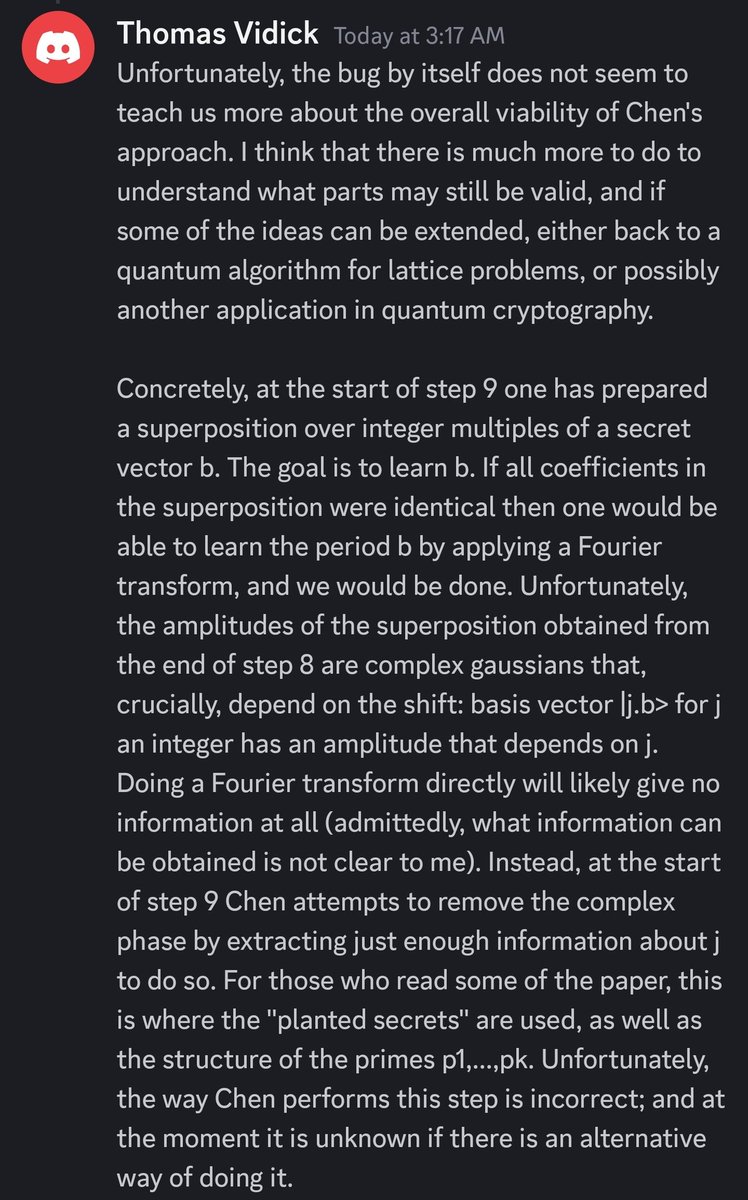 Thomas Vidick wrote more thought about the bug in #eprint555 on the Discord (like Yilei, he does not appear to use Twitter).