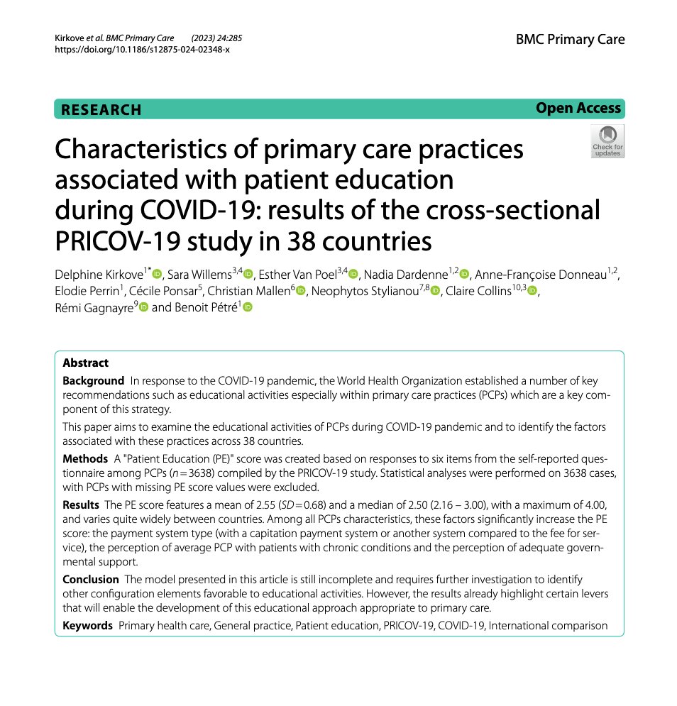 [Nouvelle publication] Dephine Kirkove @UniversiteLiege Rémi Gagnayre @LepsUR3412_UP13 @univ_spn 'Characteristics of primary care practices associated with patient education during #COVIDー19 ' bmcprimcare.biomedcentral.com/articles/10.11…