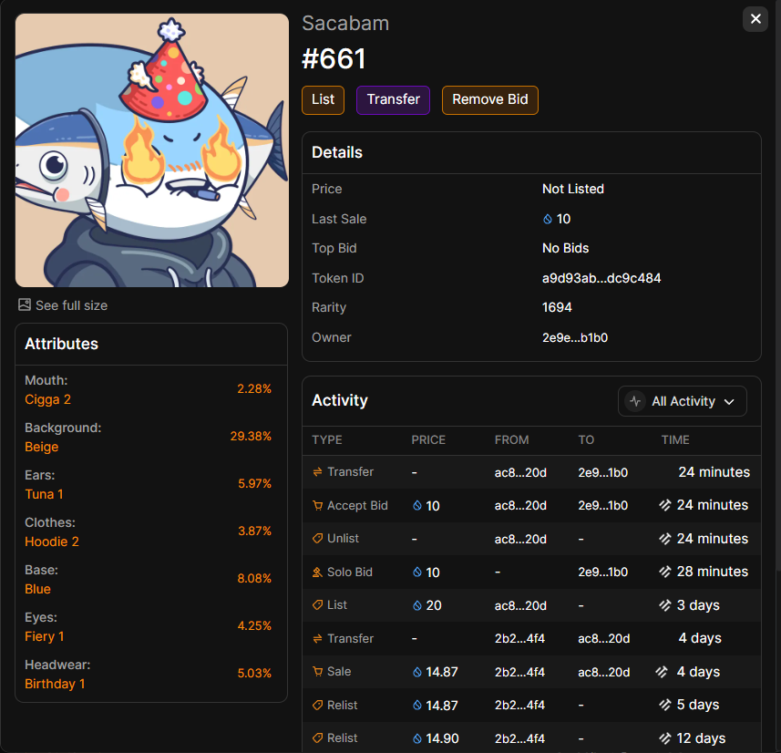 0xJosha's tweet photo. 🔫I sniped it . Sacabam #661 by 10 $Sui Rarity 1694 Top 100% (Rarity from 1630 - 2328 )  
Average sale price of NFTs rarity tier : 71.533 $SUI
▄︻デ══━一📷 #Tradefest @tradeportxyz https://t.co/TpwAMSbrOy