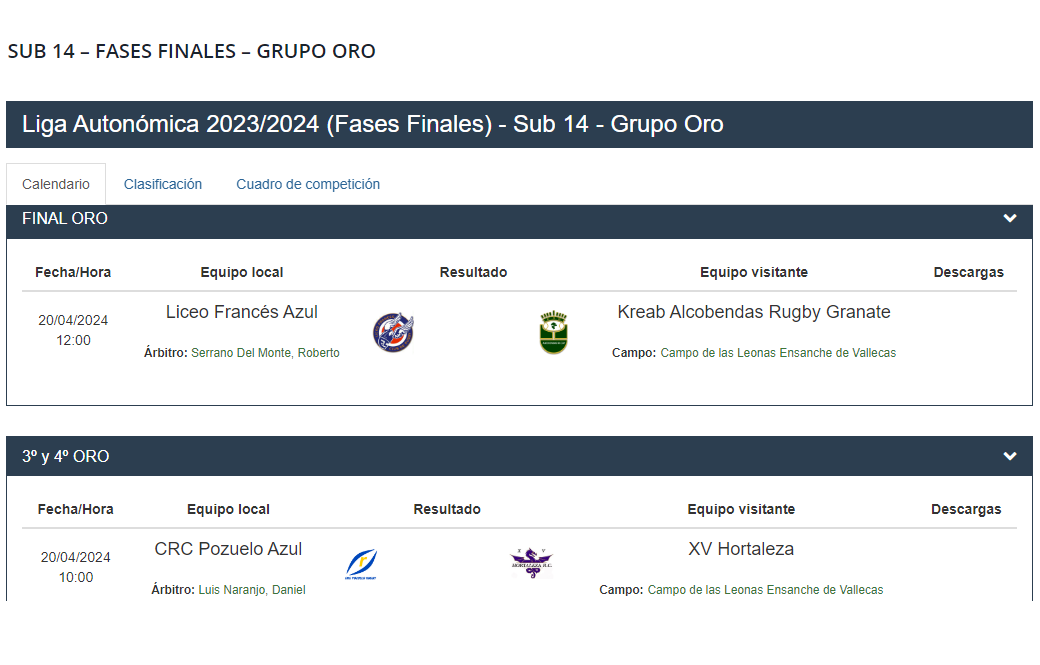 #NuestroRugby #LigaFRM LOS SUB-14 SE SUMAN A LA FIESTA DEL SÚPER SÁBADO EN 🏟LAS LEONAS CON DOBLE FINAL🏆

🥉Final por el 3º puesto
🏉 <a href="/crcpozuelorugby/">CRC POZUELO RUGBY</a> 🆚 <a href="/xvhortaleza/">XV Hortaleza R.C.</a> 
📅SÁB 20-A | 10:00

🏆Final de Oro
🏉 <a href="/CRLiceoFrances/">Club de Rugby Liceo Francés</a> 🆚 <a href="/AlcobendasRugby/">Silicius Alcobendas Rugby</a> 
📅SÁB 20-A | 12:00

#RugbyMadrid