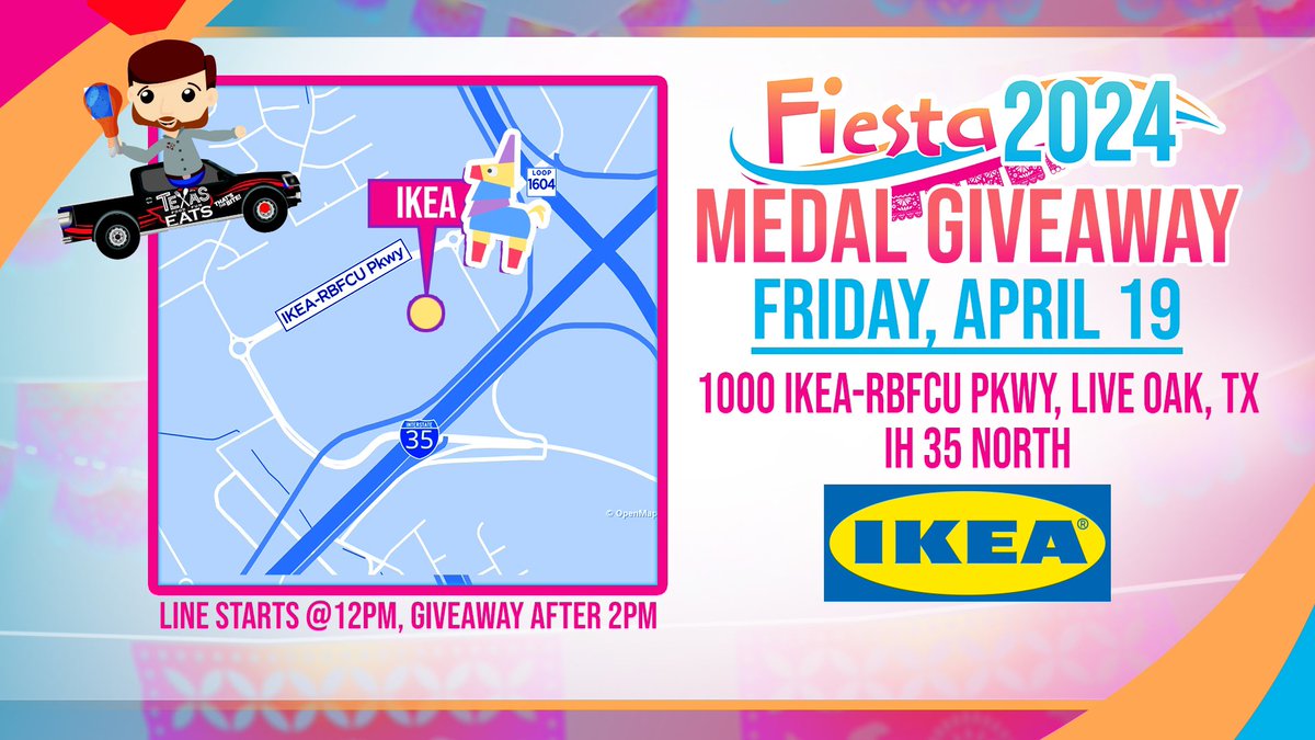 eldereats's tweet photo. ๐ Viva Fiesta! ๐ The Texas Eats team will be LIVE today on SA Live at IKEA in Live Oak for a medal giveaway!
.
The line starts at 12PM and the giveaway starts at 2PM!
.
#eldereats #texaseats #ikea #sanantonio #fiesta #fiesta2024 #medal #fiestamedal https://t.co/srI1mSITdh