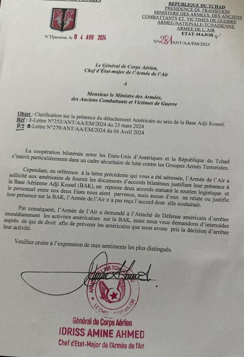 Chad's letter notifies the defense attaché in N'Djamena to provide a justification for the US troop presence in the country and suspends ongoing activities. With the entire #Sahel region falling into Russia's sphere of influence, this development signals a significant shift,