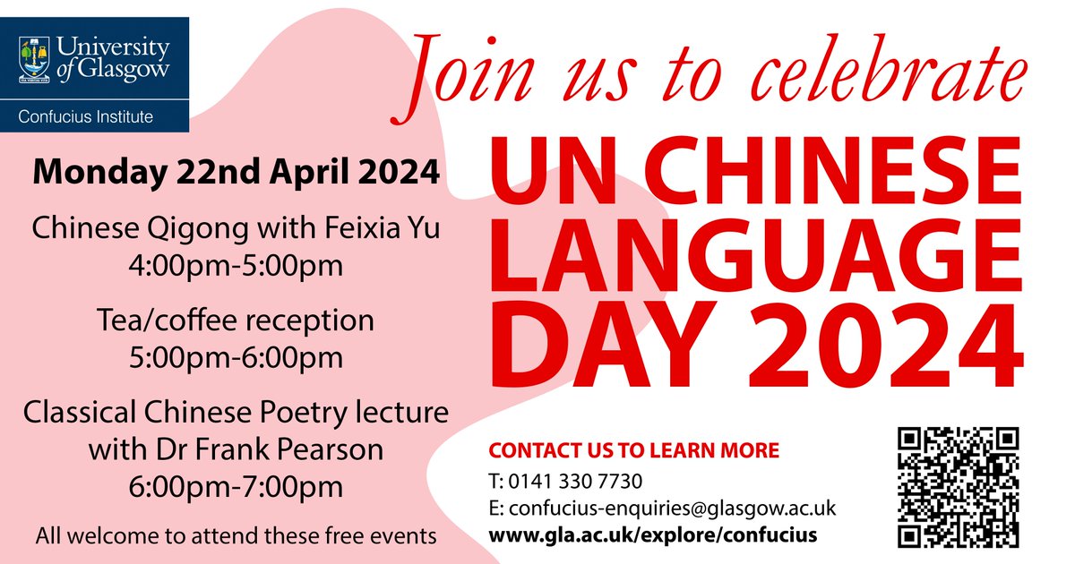 To celebrate UN Chinese Language Day 2024, the Confucius Institute has organised two free events open to all. Come along on 22 April for a Chinese Qigong session with Feixia Yu and a Classical Chinese Poetry lecture with Dr Frank Pearson. More: gla.ac/3xF6pdn