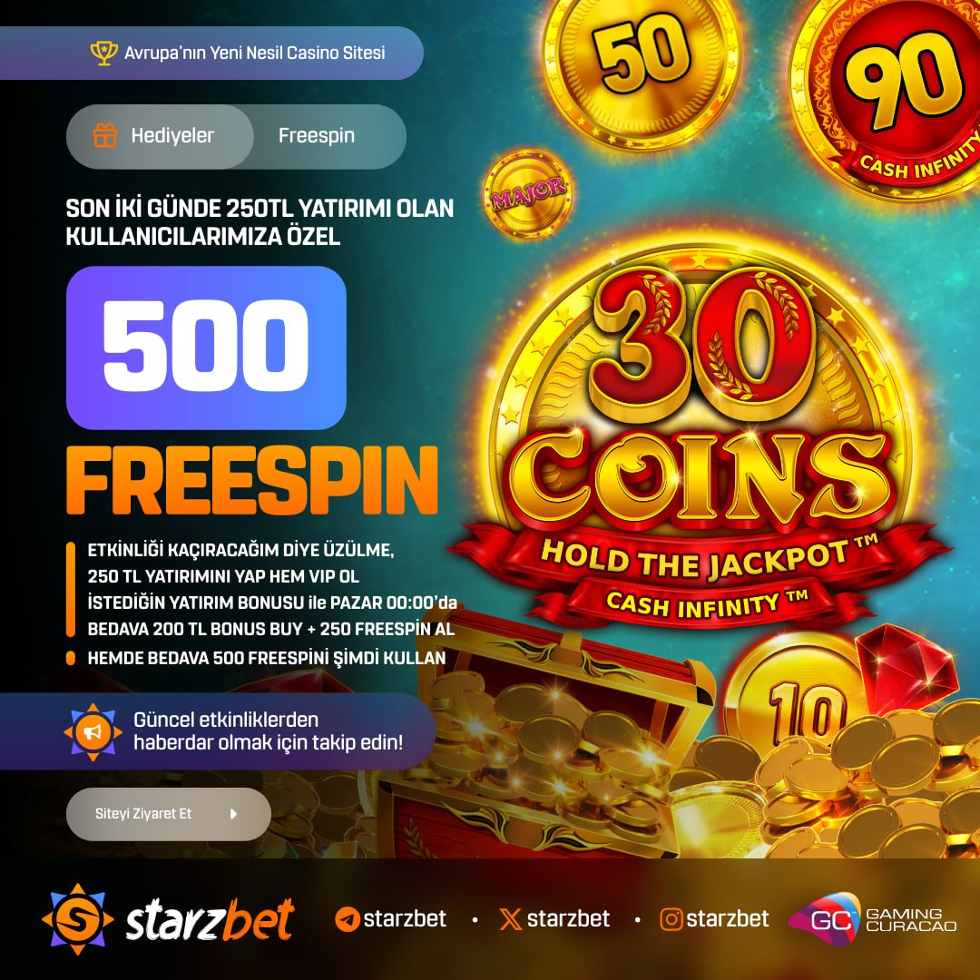 TELEGRAM KATIL BEDAVA BONUS KAZAN : t.me/starzbetcom 🎰 500 FREESPİN — WAZDAN 30 COİNS SLOT OYUNUNDA ⭐️SAAT 18:00 'da SON 2 GÜN İÇERİSİNDE MİNİMUM 250 TL YATIRIMI OLAN KULLANICILARIMIZA ÖZEL 500 FREESPİN KODU VERİLECEKTİR. ⭐️ETKİNLİĞİ KAÇIRACAĞIM DİYE ÜZÜLME , 250…