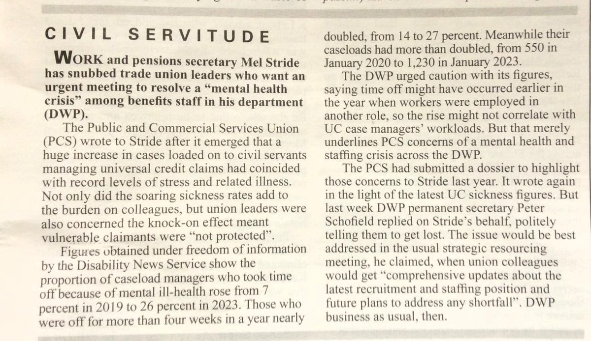 @LBC @mrjamesob That'll be the DWP whose representatives have been trying to draw attention to the oncoming trainwreck but Work & Pensions Secretary Mel Stride is 'too busy' to meet. Far better to ignore reality eh?