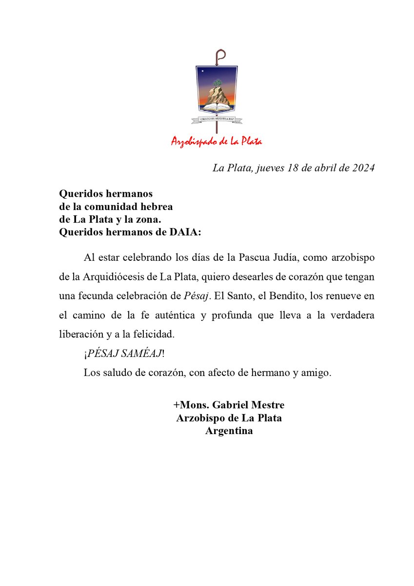 Arquidiócesis de La Plata (@arzobispadolp) on Twitter photo MENSAJE DEL ARZOBISPO GABRIEL MESTRE POR LA PASCUA JUDÍA 2024
#arquidiócesislaplata #arzobispogabrielmestre #pesaj2024 MENSAJE DEL ARZOBISPO GABRIEL MESTRE POR LA PASCUA JUDÍA 2024
#arquidiócesislaplata #arzobispogabrielmestre #pesaj2024
