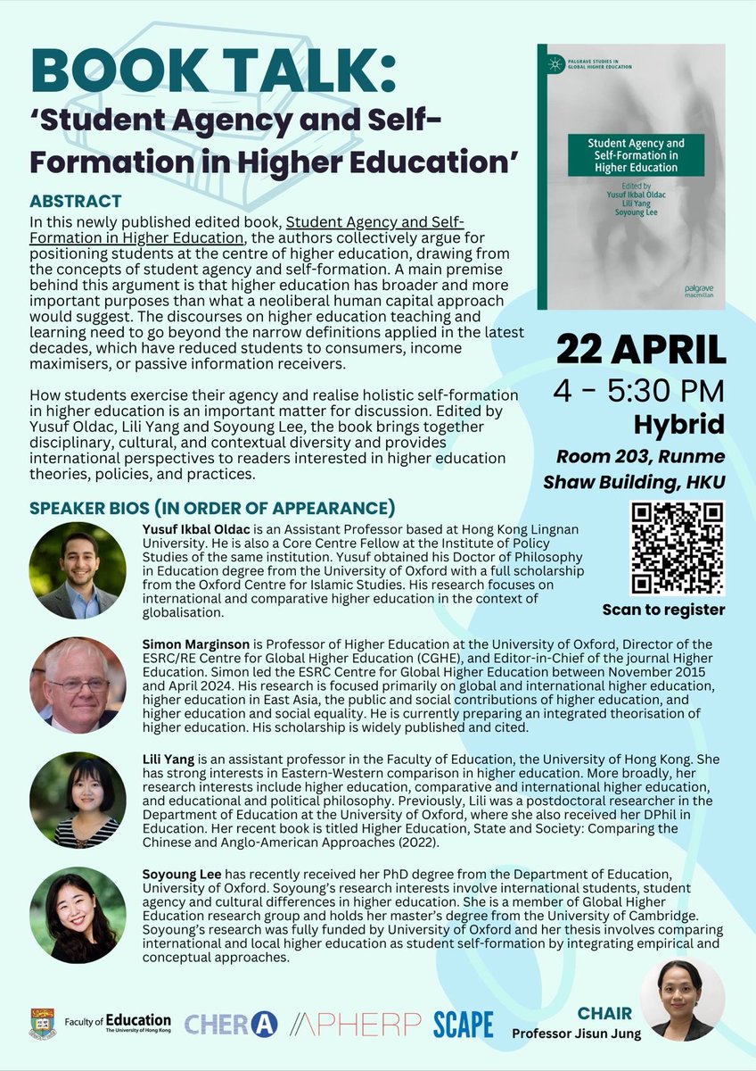 This seminar is on Monday (22 April) at @hku_education. 4:00-5:30pm Hong Kong time. Online and in-person welcome! Registration and details ⬇️ chera.edu.hku.hk/seminars/book-… @liliyang_edu @IHESoyoungLee @HkuScape @ResearchCGHE