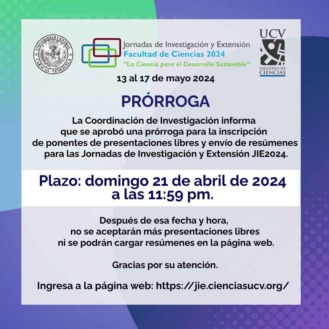 noticiensucv's tweet photo. #importante Prórroga para la inscripción de ponentes de presentaciones libres y envío de resúmenes para las Jornadas de Investigación y Extensión 2024, hasta el domingo 21 de abril. #noticienciasucv #jie2024 #investigacion #extension https://t.co/c90R2DVGkd