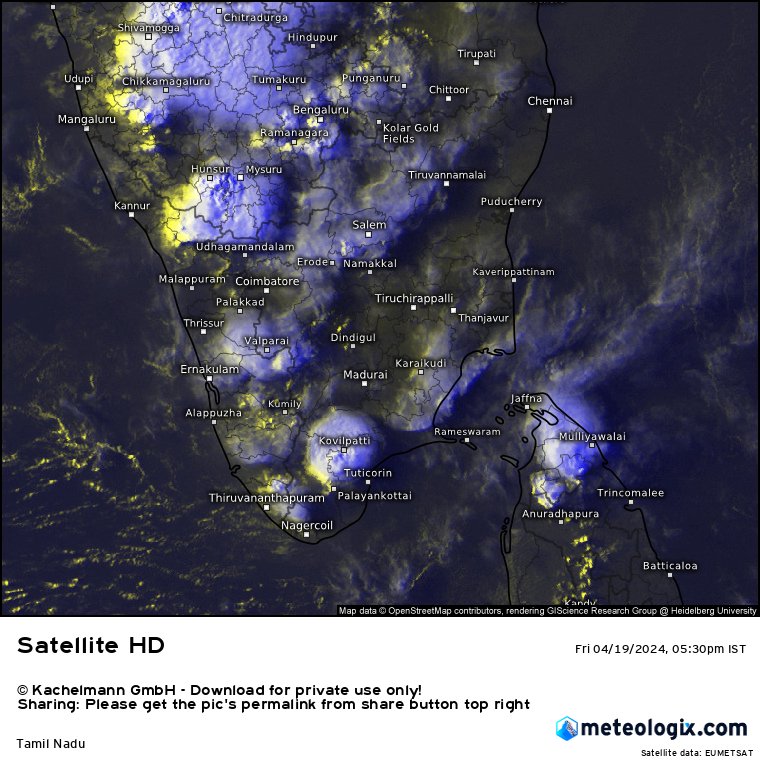 Return of widespread thunderstorms over Peninsular India with interior Karnataka including #Bangalore, Kovilpatti surroundings started experiencing TS activity⛈️ #Chennai surprisingly pleasant today compared to previous days thanks to the weak sea breeze earlier this afternoon