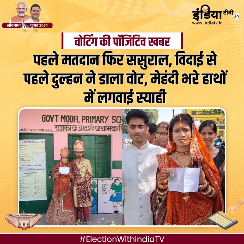 indiatvnews's tweet photo. वोटिंग की पॉजिटिव खबर: पहले मतदान फिर ससुराल, विदाई से पहले दुल्हन ने डाला वोट, मेहंदी भरे हाथों में लगवाई स्याही
Read More - https://t.co/wCrtI8Wi3d
#ElectionWithIndiaTV #Elections2024 #VotingRound1 #LokSabhaElection2024 #VoteKaDum https://t.co/URjqyzuXzU