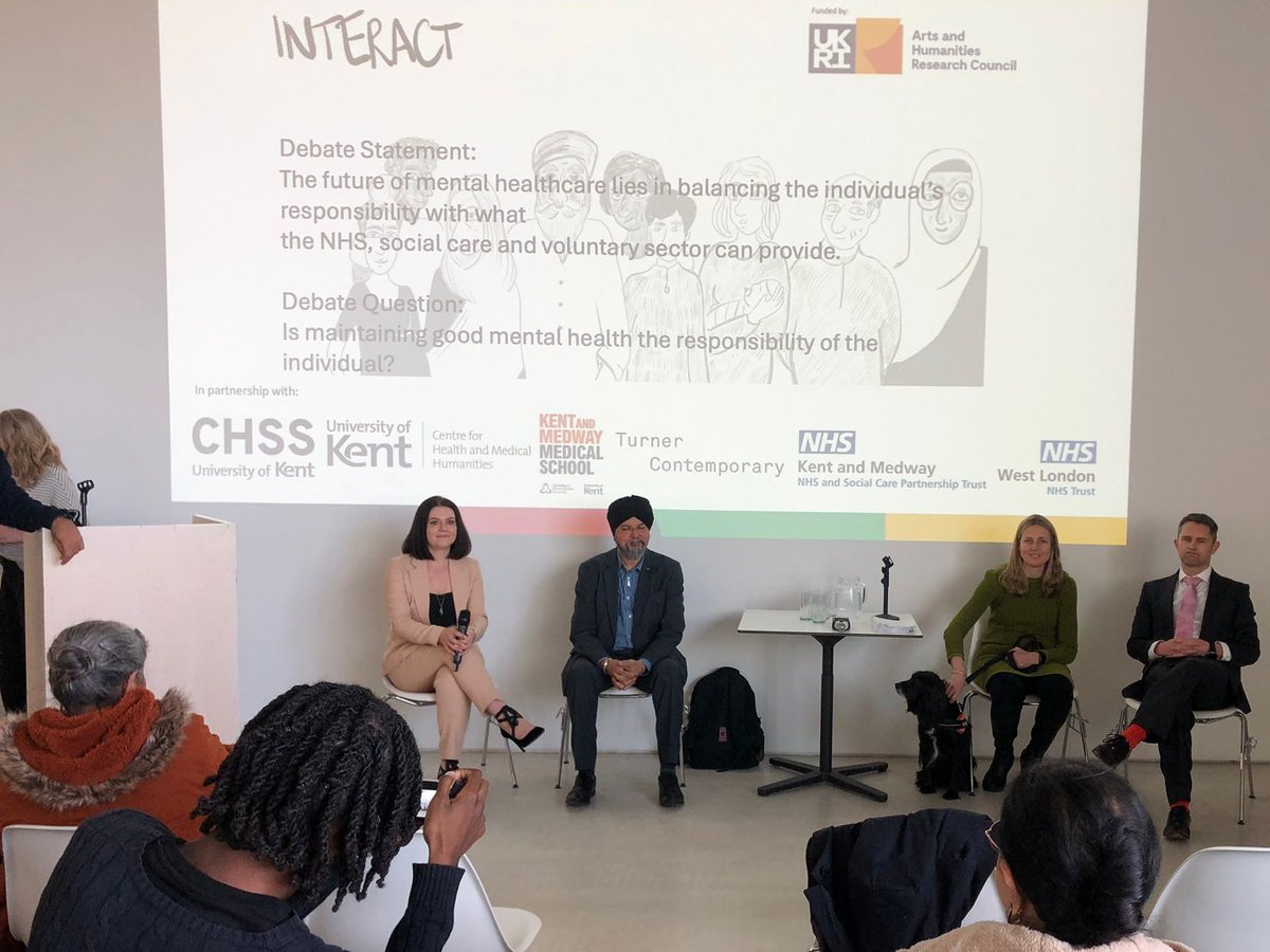 Great debate at @TCMargate. #INTERACT team worked with communities in Kent, exploring through workshops & discussion groups what mental health care means. Olive🐕joined the panel! #MentalHealthMatters research.kent.ac.uk/chss/research-…