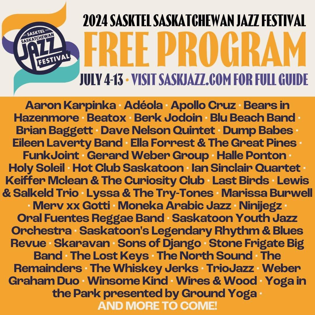 I’m so honoured to be a part of the 2024 Sasktel Saskatchewan Jazz Festival Free Program! I’m playing at 12pm on July 8 at K W Nasser Plaza!! I’ll see you all there! ❤️🎸 @saskjazz