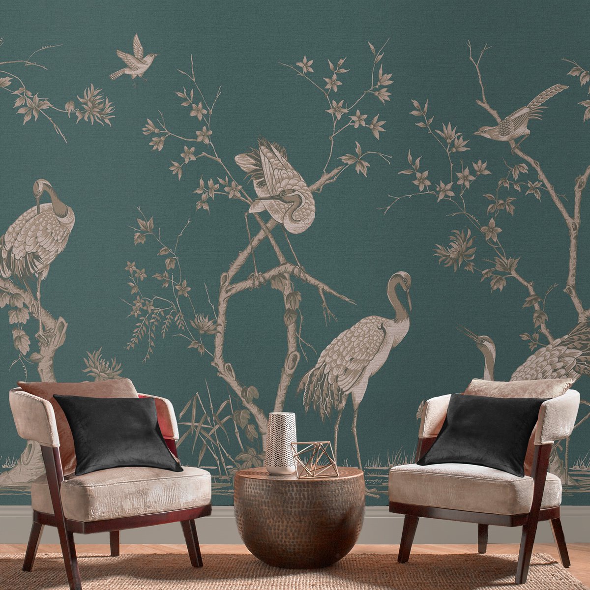 Grazing Cranes Twilight is an elegant design featuring sophisticated illustrations of birds on a rich teal backdrop - Perfect for an impactful feature wall. 

#wallpapermural #livingroom #interiordesign