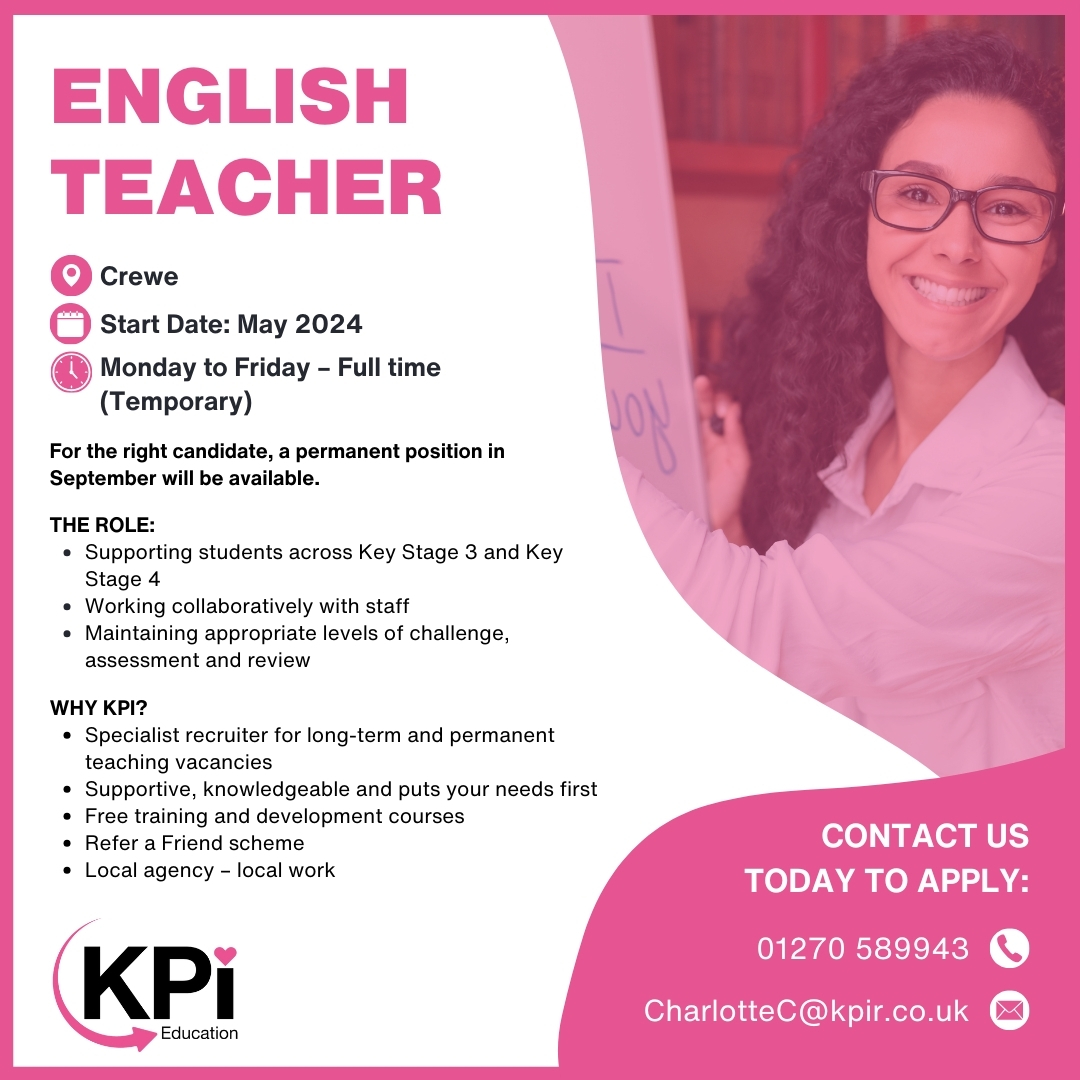 **ENGLISH TEACHER** Crewe.

Call 01270 589943 or email CharlotteC@kpir.co.uk to apply.

Visit bit.ly/KPIEduJob to find MORE Jobs like this!

#EnglishTeacher #TeacherJobs #TeachingJobs #EducationJobs #CreweJobs #NantwichJobs #CheshireJobs #KPIRecruiting