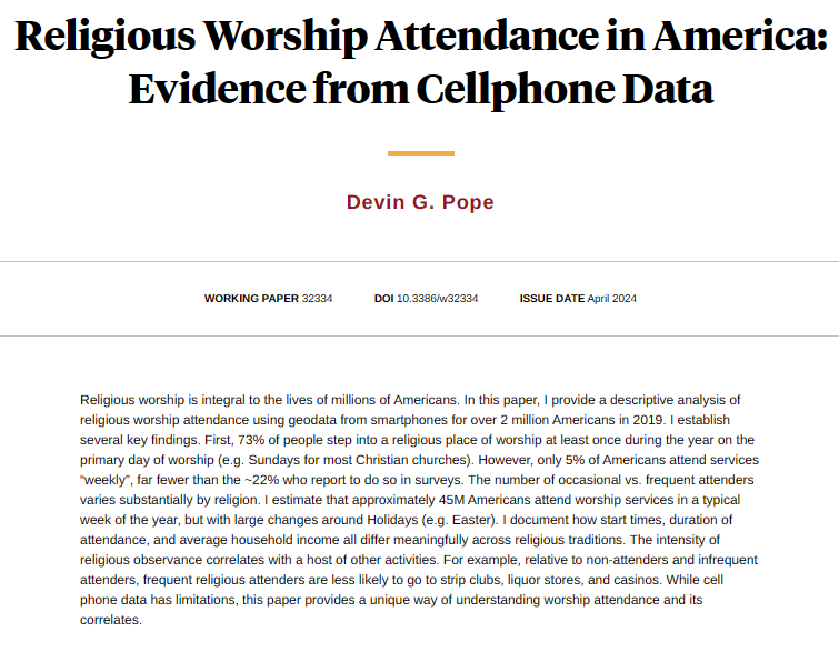 A descriptive analysis of religious worship attendance in the US using smartphone data for over 2 million Americans in 2019, from @Devin_G_Pope nber.org/papers/w32334