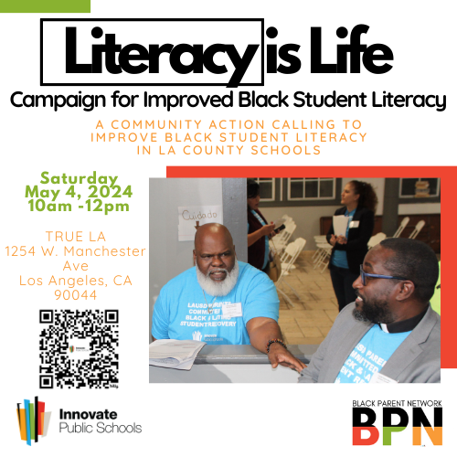 InnovateSchools's tweet photo. Join the Black Parent Network's call to improve Black student literacy in L.A. County schools. With 73% of Black third graders not meeting English standards, it's urgent. Saturday, May 4th, 10 a.m. Register: https://t.co/ik3442D426 #Education #BlackStudents #LosAngeles https://t.co/rV6ArVARHw