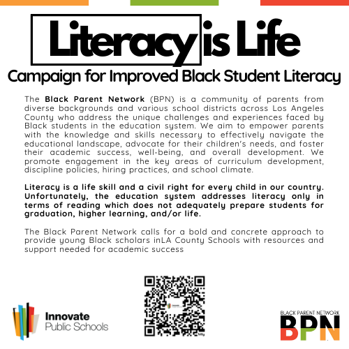 InnovateSchools's tweet photo. Join the Black Parent Network's call to improve Black student literacy in L.A. County schools. With 73% of Black third graders not meeting English standards, it's urgent. Saturday, May 4th, 10 a.m. Register: https://t.co/ik3442D426 #Education #BlackStudents #LosAngeles https://t.co/rV6ArVARHw