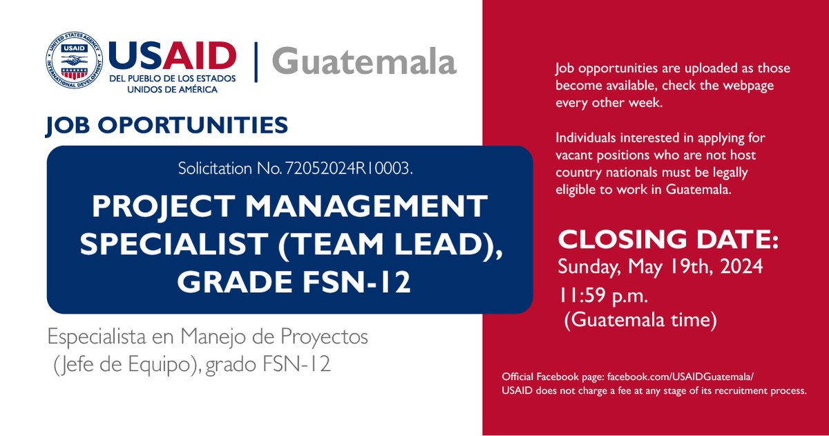 Oportunidad de empleo para trabajar en @USAIDGuate. Para mayor información visita el siguiente enlace: usaid.gov/project-manage…