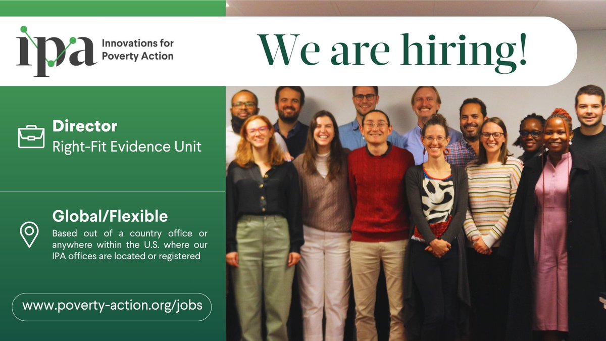 poverty_action's tweet photo. Join IPA's Right-Fit Evidence Unit! We're seeking a Director to shape &amp; lead our portfolio of evidence-based advisory services. Applicants with 10+ years of experience in consulting or international development research management are encouraged to apply: https://t.co/0WmGZB6Qv3 https://t.co/22ybdyzSSH