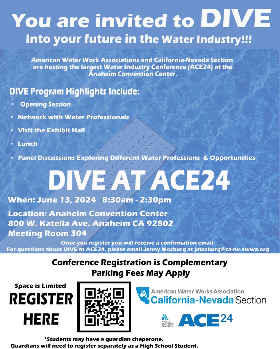 📣Attention ACE24 attendees Do you know someone in Highschool that may be interested in DIVING into the Water Industry after they graduate? Register here: events.tpni.com/Attendee/Defau… Questions: Jenny Mosburg Jmosburg@ca-nv-awwa.org #CANVAWWA #ACE24