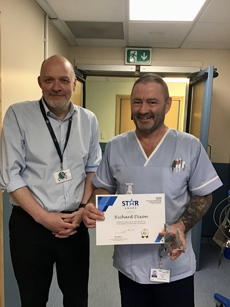 Star Award: Richard Dixon 🌟 Richard consistently goes the extra mile for patients at Scarborough Hospital. He demonstrates the Trust values daily, often cheering up patients, and recently gave up his break to give his male patients a shave, helping them look and feel better.