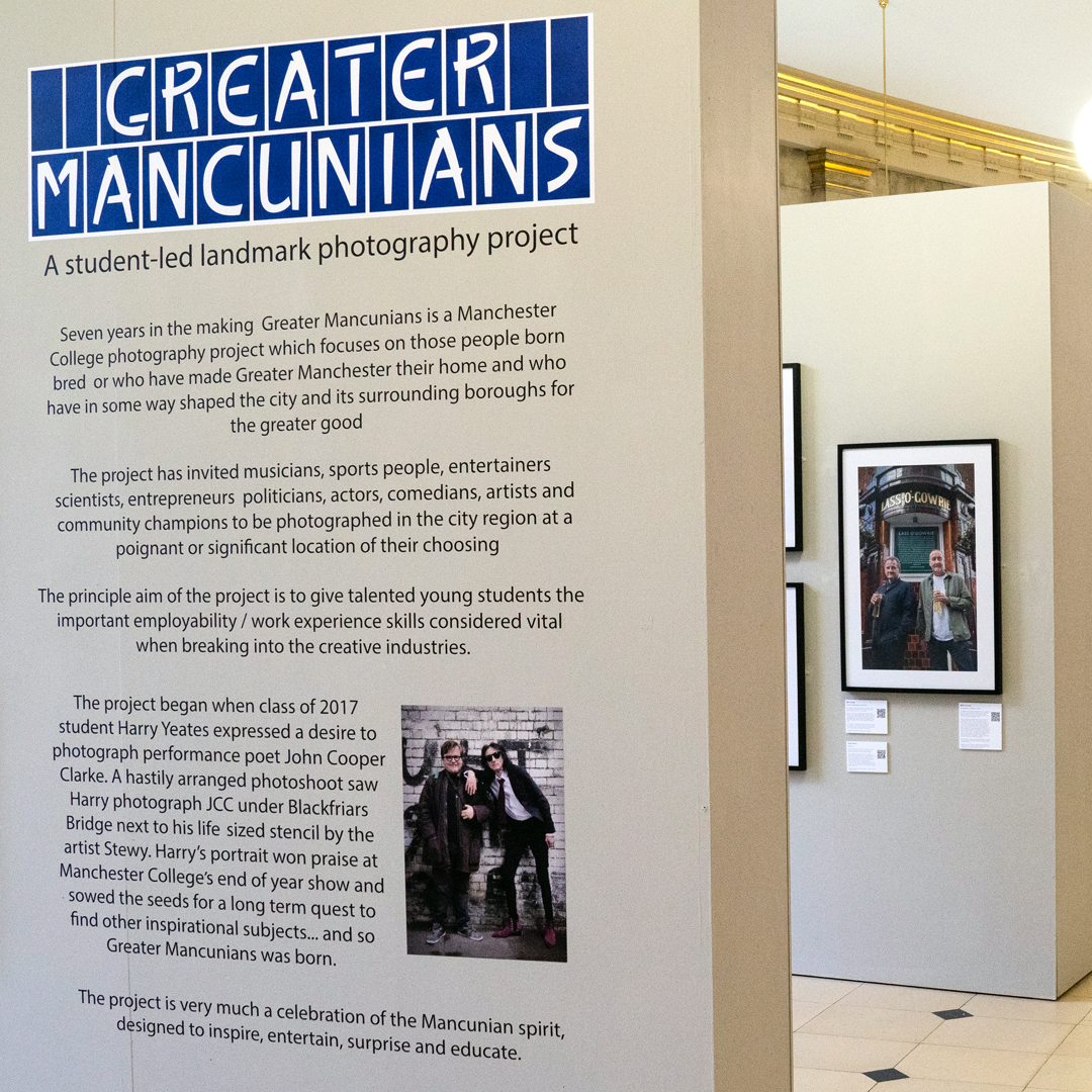 Last night, Manchester Central Library was buzzing with excitement as we previewed our ‘Greater Mancunians’ photography exhibition! Many of the influential Mancunians who were involved in the project attended, reuniting with the students who photographed them.