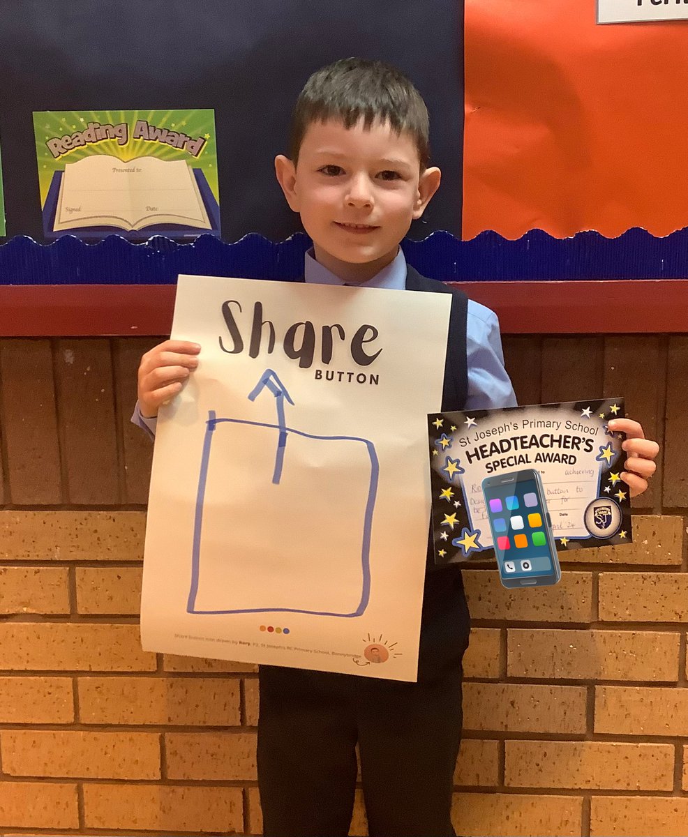 stjosephsps's tweet photo. Well done to R in P2 who had his drawing of the share icon made into a poster to be displayed in schools across Falkirk Council @kabercrombie_ @ConnectedFalk @DigiLearnFalk @MrsOJoe https://t.co/H7FTfcG4Zn