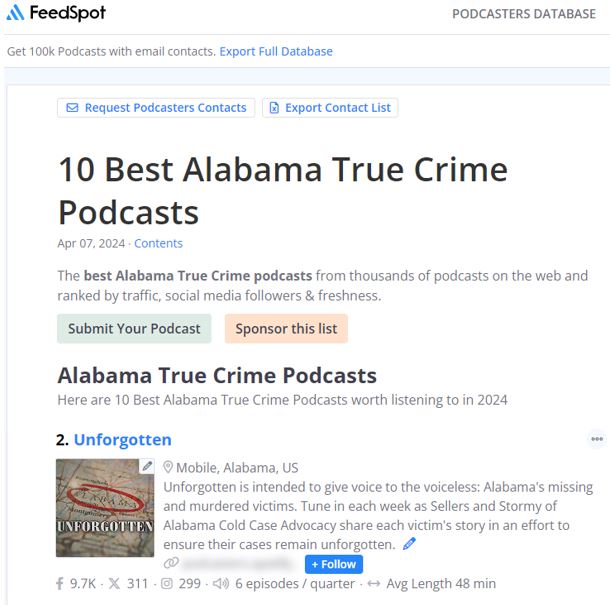 We like to share our successes. More publicity means more attn to our #Alabama fams & their loved ones. More attn+awareness=#advocacy. #ThankYou to #Unforgotten listeners & @_feedspot! 
#ACCA #NoMoreColdCases #FamiliesMatter #Feedspot blog.feedspot.com/alabama_true_c…