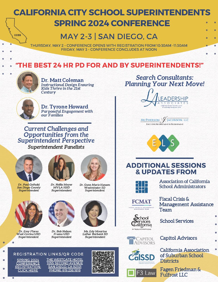 Attention ALL Superintendents: You Will Not Want To Miss This Conference! Secure you ticket here: lnkd.in/gVUvTgj5 @ACSA_info @SmallSchoolDA @CALSAfamilia @CAAPLEorg @theCAAASA @ALASEDU @TyroneCHoward @PaulGothold @BobNelson_FUSD @emyflores5 @GunnMarieHansen @SupMVLA