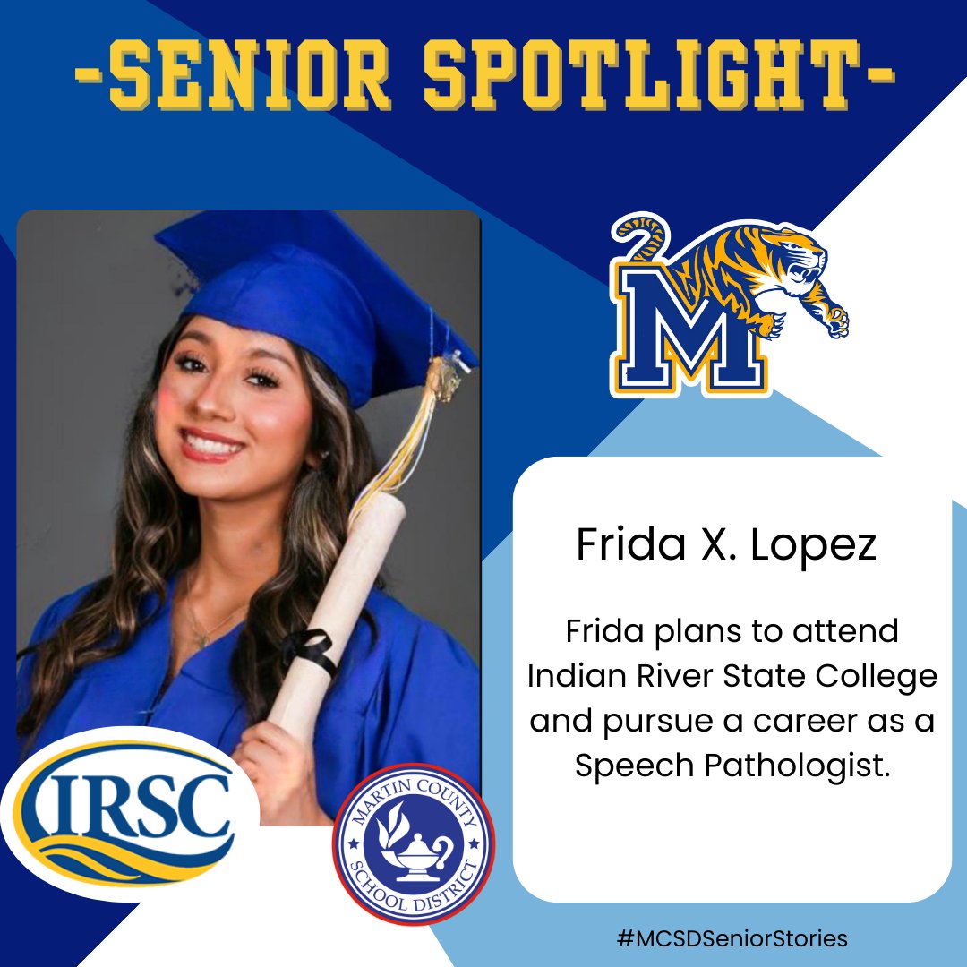 🎓#MCSDSENIORSTORIES🎓

This afternoon, we are shining a spotlight on @MartinCountyHi1 senior Frida Lopez!

Frida plans to attend @IRSCTheRiver and pursue a career as a speech pathologist.

🎉Congratulations, Frida!🎉

#ALLINMartin👊 #PublicSchoolProud #Classof2024