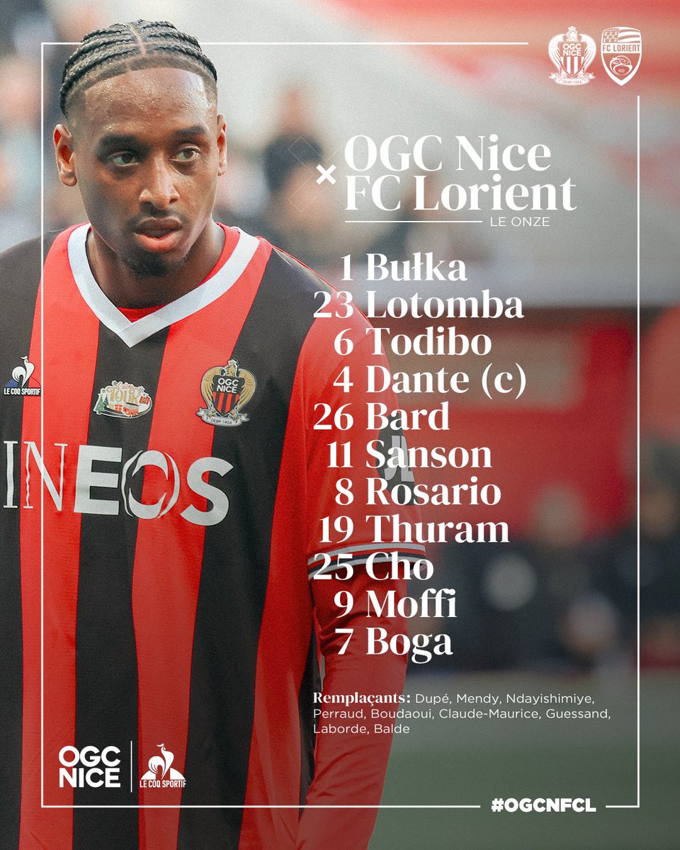 Voici notre 𝐎𝐍𝐙𝐄 de départ pour #OGCNFCL 📄🔴⚫️ #OGCNice