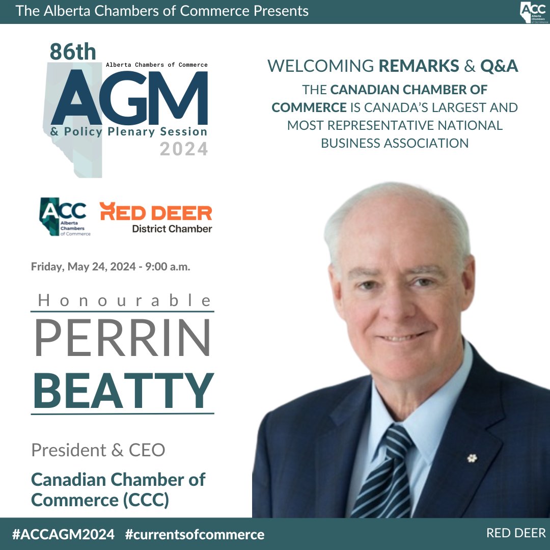 We're thrilled to welcome Honourable Perrin Beatty, President &amp; CEO of the Canadian Chamber of Commerce, to our 2024 AGM &amp; Policy Plenary Session, May 24-25, 2024. abchamber.ca/agm-policy-ple…
 
#accagm2024 #CurrentsofCommerce #abbiz #abchambers
<a href="/CdnChamberofCom/">Canadian Chamber of Commerce</a> <a href="/RedDeerChamber/">Red Deer District Chamber</a>