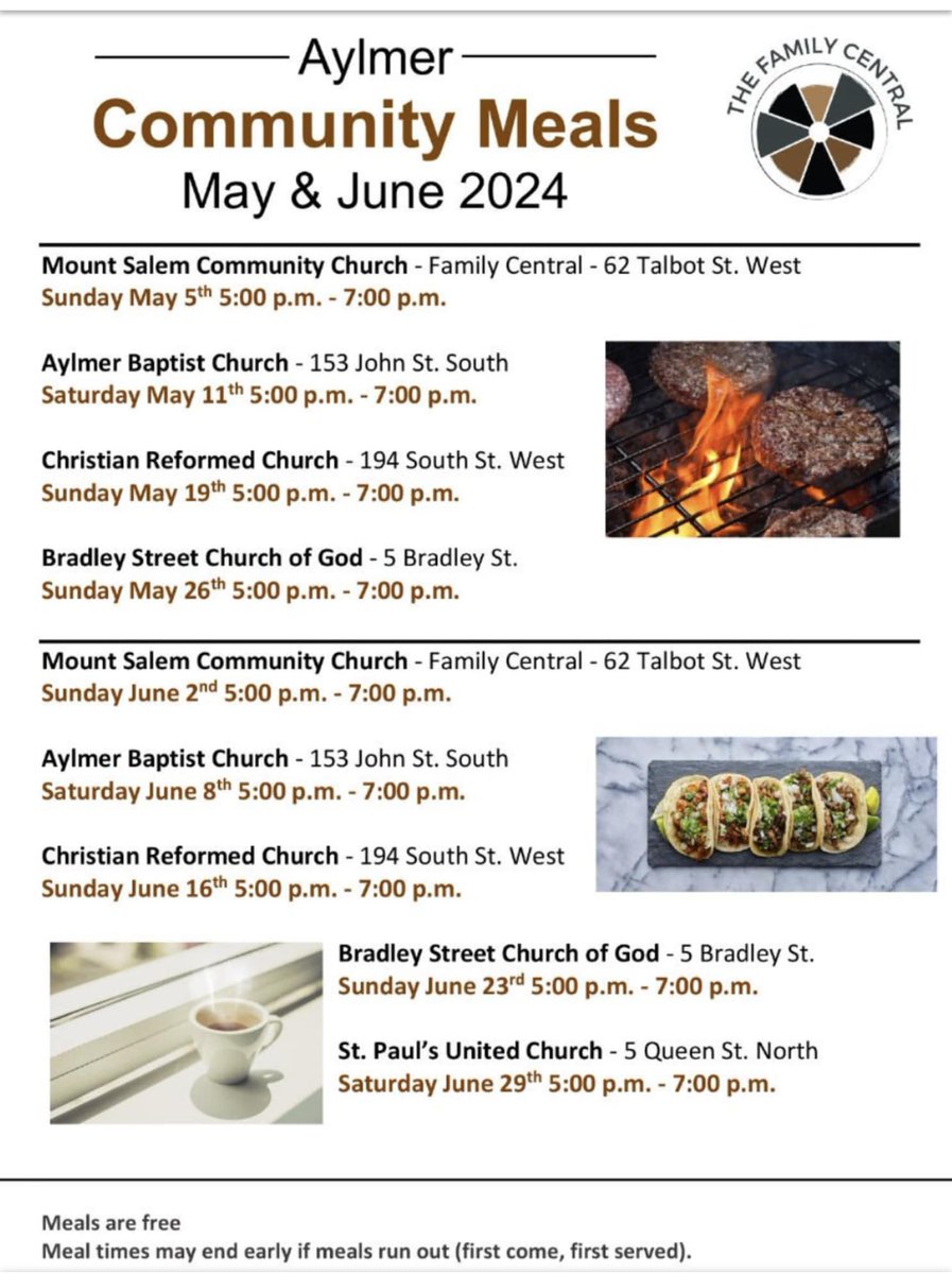 FREE community meals in Aylmer throughout the months of May and June!🍅