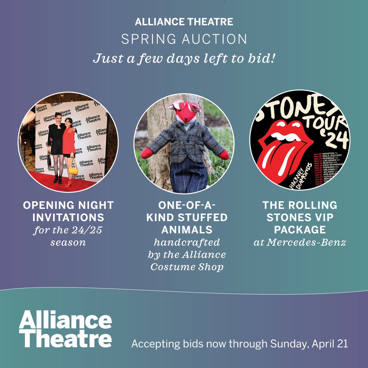 We're almost there! 🎭🎟️ Our annual auction closes this Sunday, April 21 @ 8 PM – so don't miss your chance to bid on any of these remaining lots! Visit the link to participate and win some amazing prizes! ✨ biddingforgood.com/alliancetheatre ✨