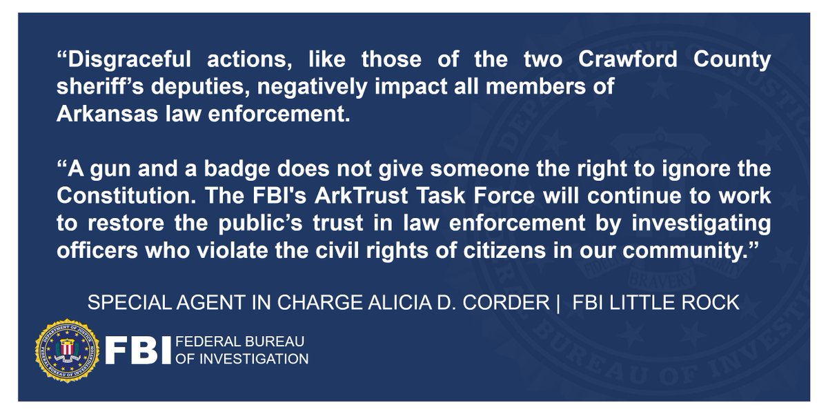 #ICYMI: Two former Crawford County, Arkansas, sheriff’s deputies, Levi White, 34, and Zackary King, 28, pleaded guilty to federal civil rights offenses for using unlawful force on a man they arrested. #ARNews More here: justice.gov/opa/pr/two-for…