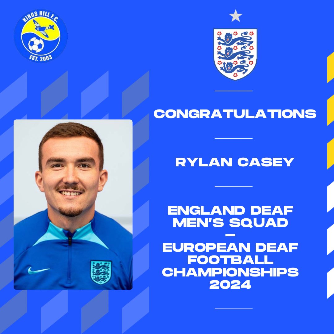Congratulations to our resident England International, Rylan Casey 🎉 Another call up to a major championship tournament as he is named in the England squad for the upcoming European Deaf Football Championships 2024! 🟡🔵