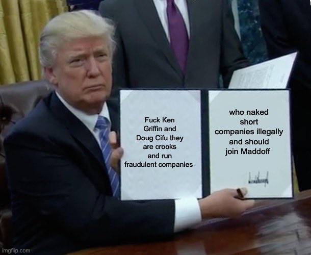 🚨Breaking: @realDonaldTrump just leaked the very first thing he’s going to do when he becomes president again. Sources indicate that @Dougielarge and Ken Griffin are sick that the chief has joined the #apes in fighting the illegal #nakedshort ring from the two above! #AMC #djt