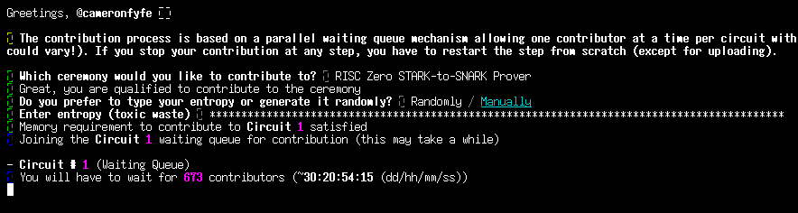 CameronFyfe3's tweet photo. @RiscZero 30 day wait time behind 673 people, guessing it will cut off but I'll leave it running in case it makes it through https://t.co/zjpFDMN21b