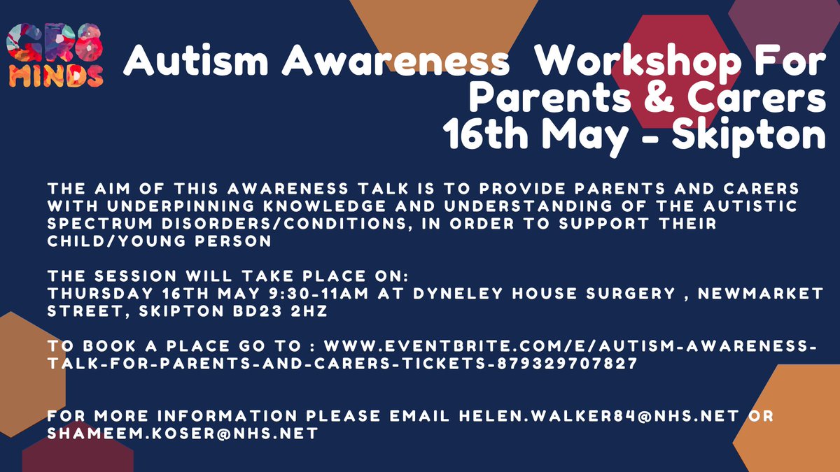 The next GR8 Minds Autism Awareness peer support talk for parents & carers will take place will take place on Thursday 16th May at 9:30am at Dyneley House Surgery. Places are limited but can booked on Eventbrite: eventbrite.com/e/autism-aware…