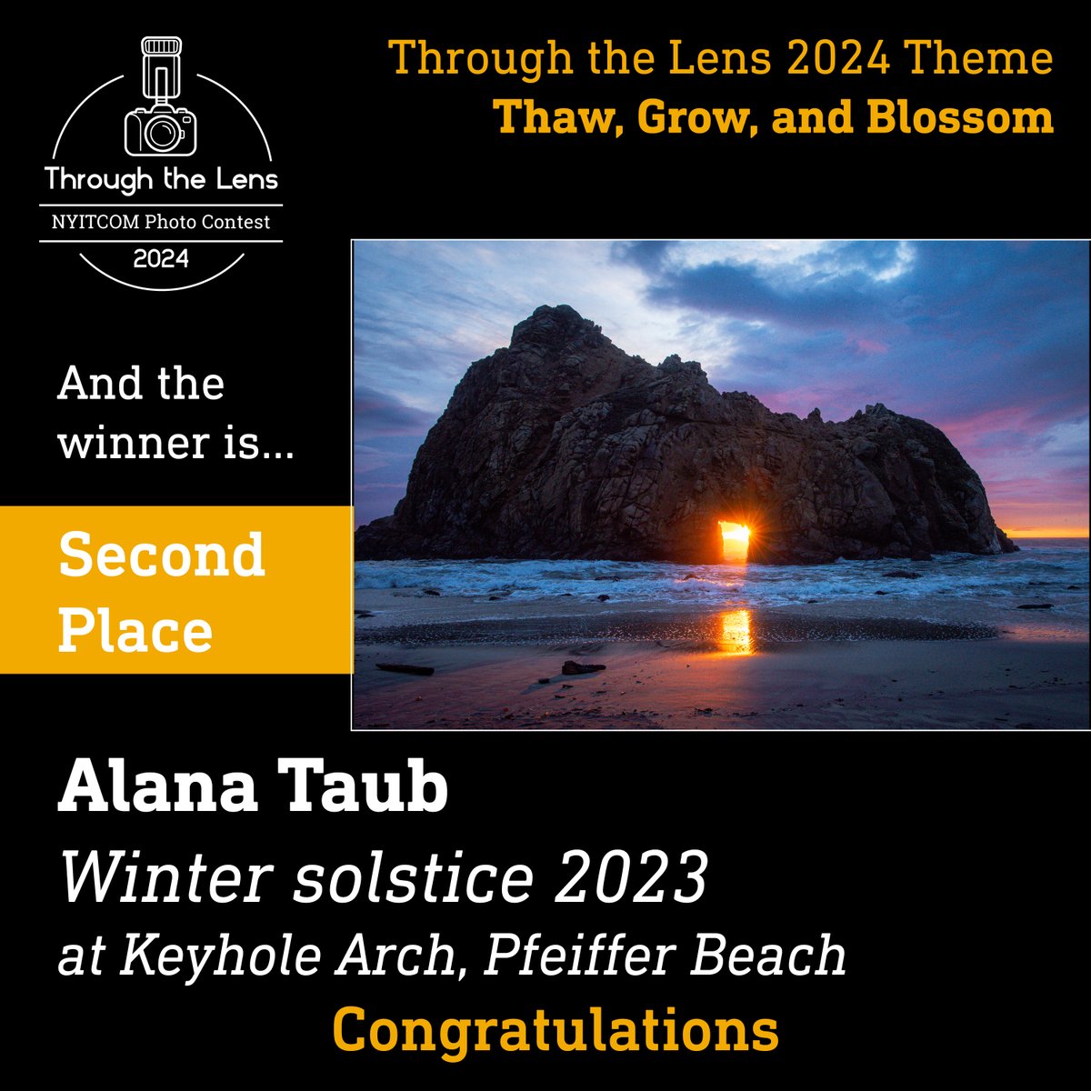 🥈 Second Place: Alana Taub, with 'Winter solstice 2023 at Keyhole Arch, Pfeiffer Beach' Congratulations to all the talented winners of Segment 23: 'Thaw, Grow, and Blossom' in our Through the Lens Initiative! For more info visit nyit.edu/medicine/throu…