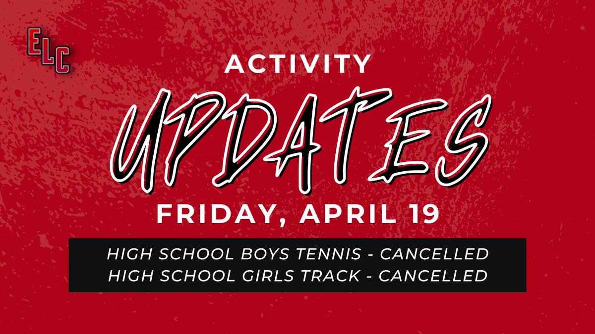 Due to temperatures in the low to mid-40's, wind chills in the 30's, and wind gusts of 22-30 mph, ELC has some activity updates for today, April 19. ➡️ High School Boys Tennis Meet at home vs Clear Lake - CANCELLED ➡️ High School Girls Track Meet at home - CANCELLED