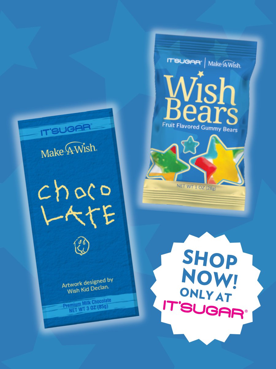 Indulge in @itsugar’s Wish Chocolate Bar featuring art by wish kid Declan and Wish Gummy Bears. In addition to the Wish Pops, IT'SUGAR will donate 20% of the purchase price of these items back to Make-A-Wish. 🩵 Become a #WishMaker at wishmaker.org #WishMakersWanted