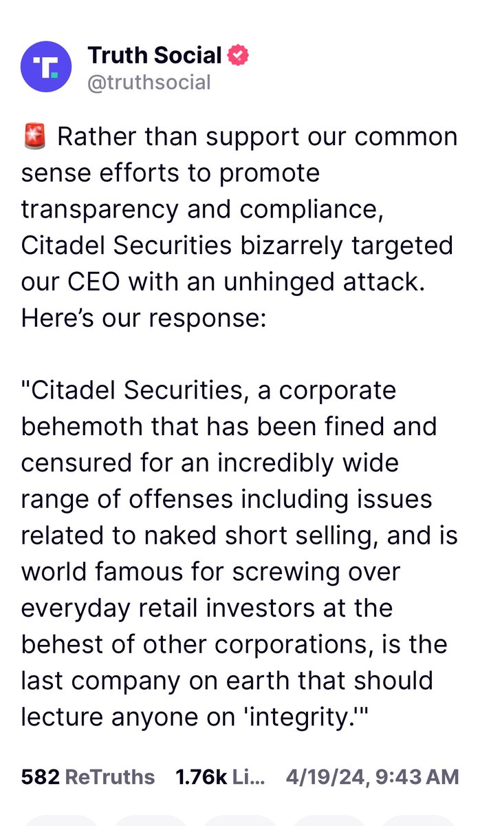 busybrands's tweet photo. Citadel Securities responds to Truth Social targeting attacking @DevinNunes 
#NakedShorts #counterfeiting #CitadelScandal #citadel 
$DJT $MMTLP $AMC $GME $FNGR $GTII $TELO https://t.co/bPtv1LbBCJ