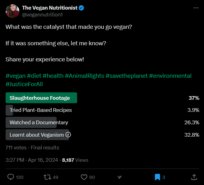 VEGANS... If we want to make real changes, we need to concentrate on sharing facts about veganism, slaughterhouse footage and vegan documentaries.
🐄🐖🐏🐐🐔🦃🐇🐕🐟
Sharing cupcake recipes🧁isn't going to cut it.