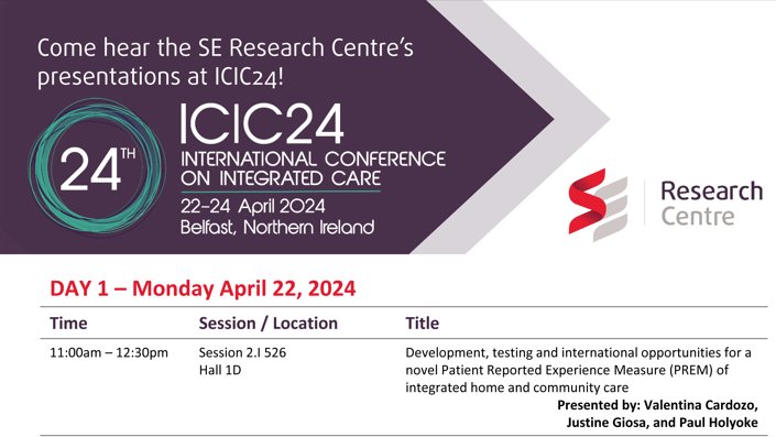 TODAY at #ICIC24 @IFICInfo! Session 2.I - 11:00AM-12:30PM at Hall 1D @ValCardozoV @JustineGiosa @PHolyoke will lead a workshop on 'Development, testing, and international opportunities for a novel Patient Reported Experience Measure #PREM of integrated #home & #community #care'.