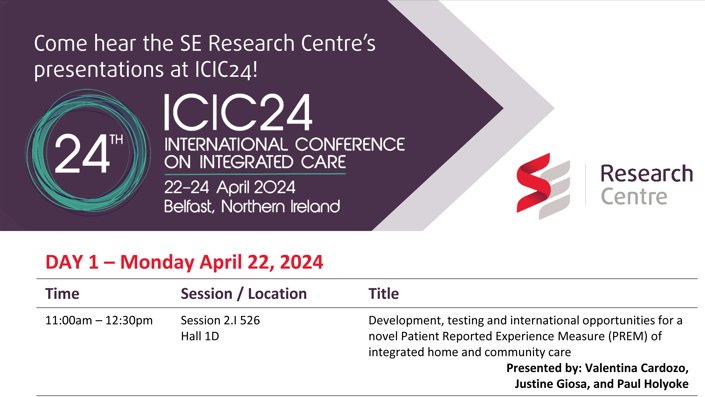 SE Research Centre (@sehcresearch) on Twitter photo TODAY at #ICIC24 <a href="/IFICInfo/">IFIC Updates</a>!
Session 2.I - 11:00AM-12:30PM at Hall 1D
<a href="/ValCardozoV/">Valentina Cardozo</a> <a href="/JustineGiosa/">Justine Giosa</a> @PHolyoke will lead a workshop on "Development, testing, and international opportunities for a novel Patient Reported Experience Measure #PREM of integrated #home & #community #care'. TODAY at #ICIC24 <a href="/IFICInfo/">IFIC Updates</a>!
Session 2.I - 11:00AM-12:30PM at Hall 1D
<a href="/ValCardozoV/">Valentina Cardozo</a> <a href="/JustineGiosa/">Justine Giosa</a> @PHolyoke will lead a workshop on "Development, testing, and international opportunities for a novel Patient Reported Experience Measure #PREM of integrated #home & #community #care'.